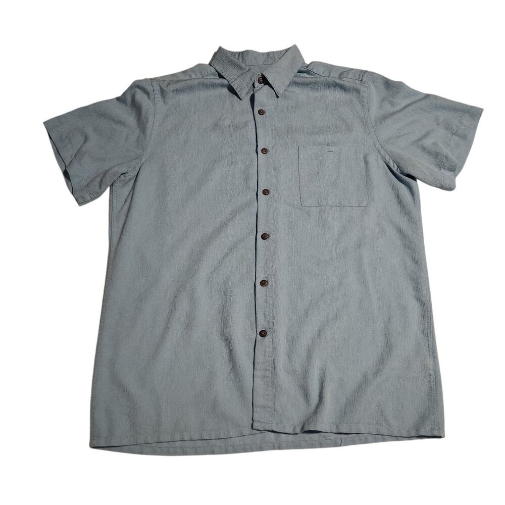 Island Shores Shirt Button Up Short Sleeve Light Blue‎ Rayon Polyester Mens Med
